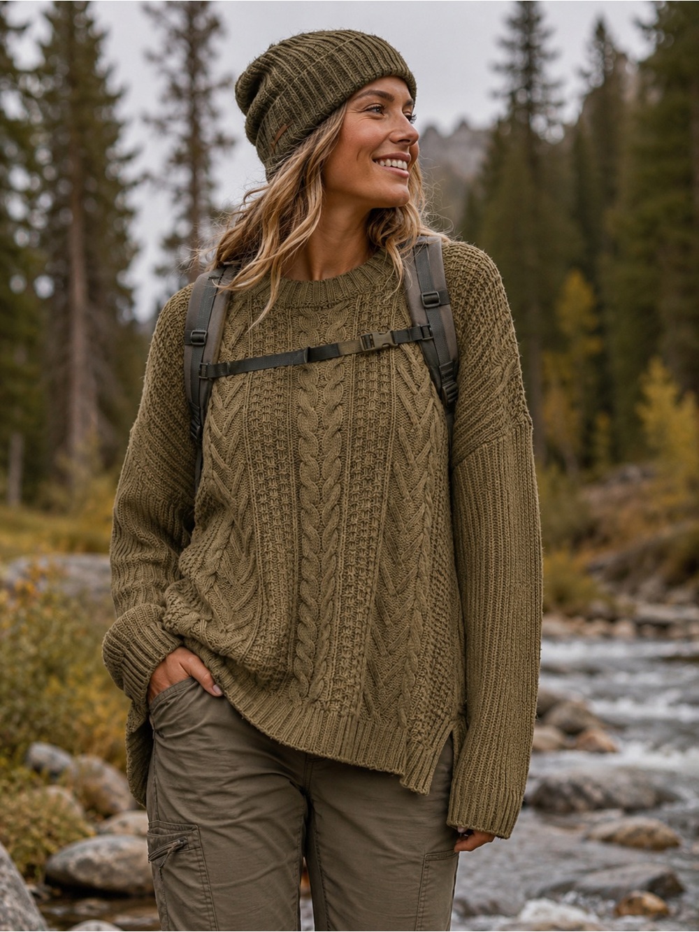 Natural Reflections Cable Knit Oversized Sweater Medium Olive Green Gorpcore